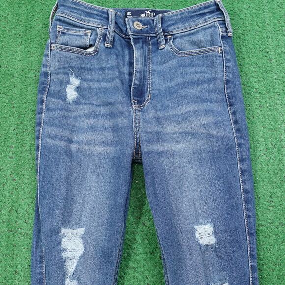 HOLLISTER CALIFORNIA HIGH RISE SUPER SKINNY DISTRESSED DENIM BLUE JEANS 0S 24X26 - Picture 2 of 9